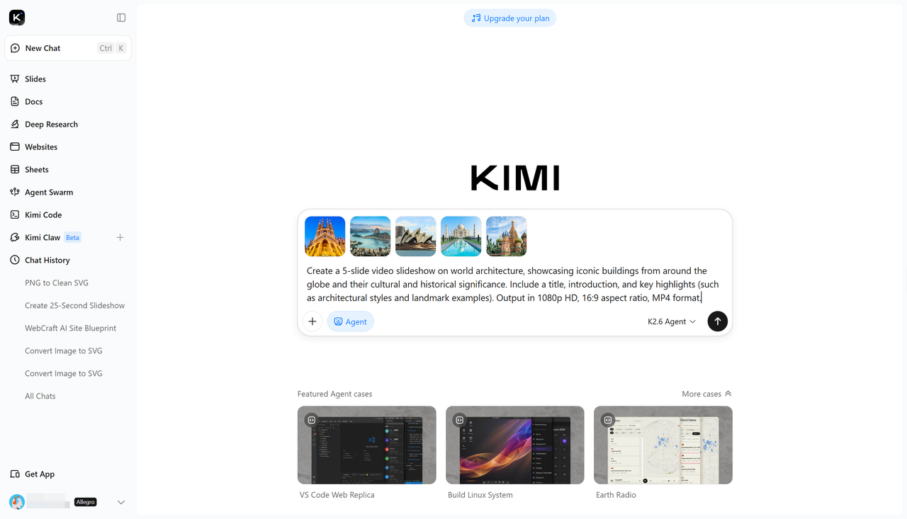 Upload images and enter a prompt in Kimi AI Agent