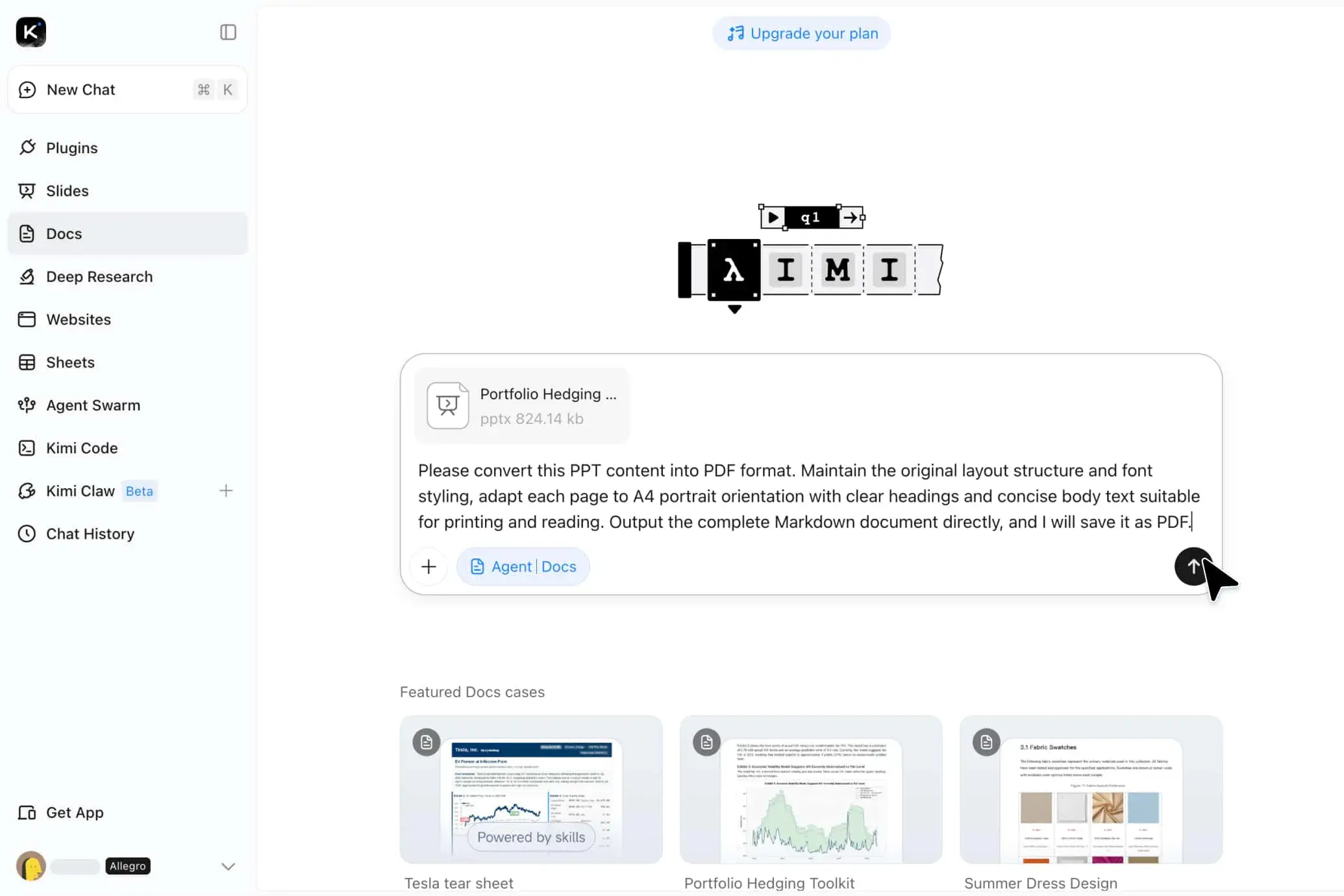 Upload a PowerPoint file to Kimi Docs to begin PPT to PDF conversion