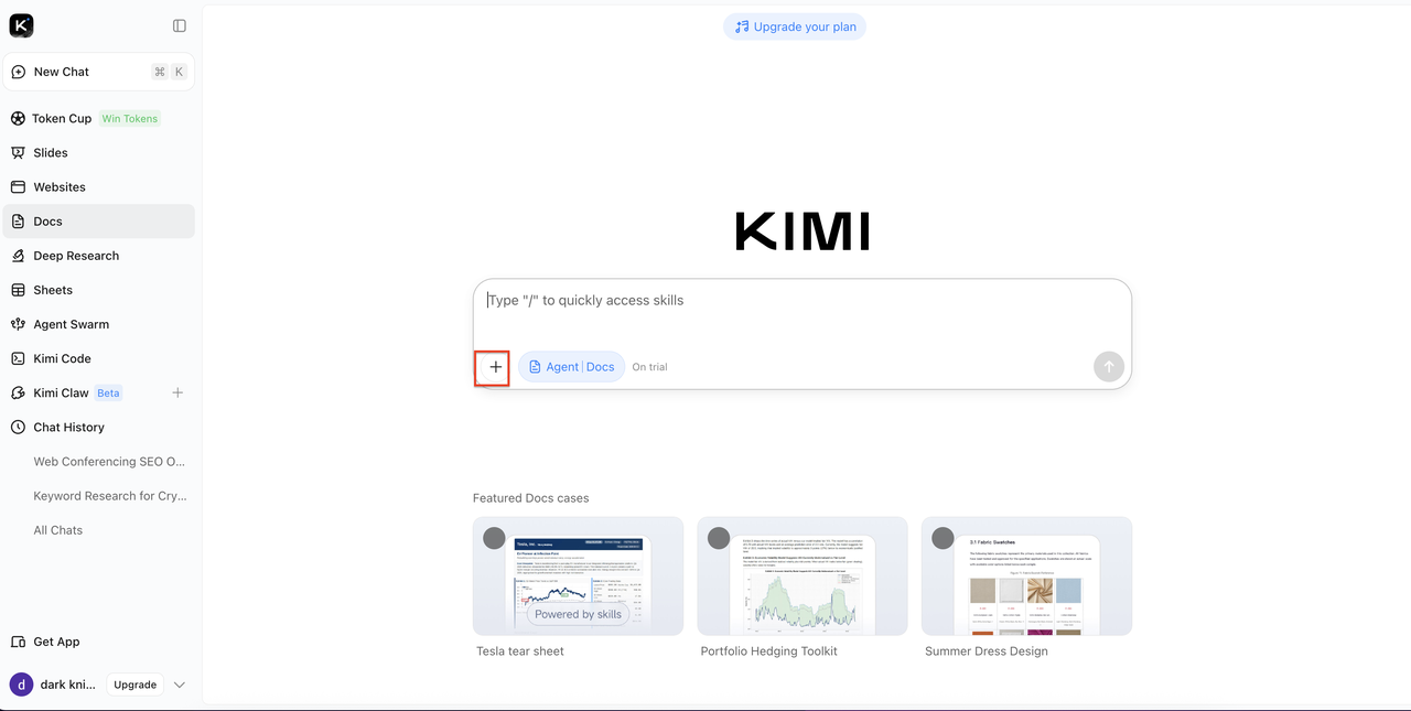 Upload a Word document to Kimi Docs for editing