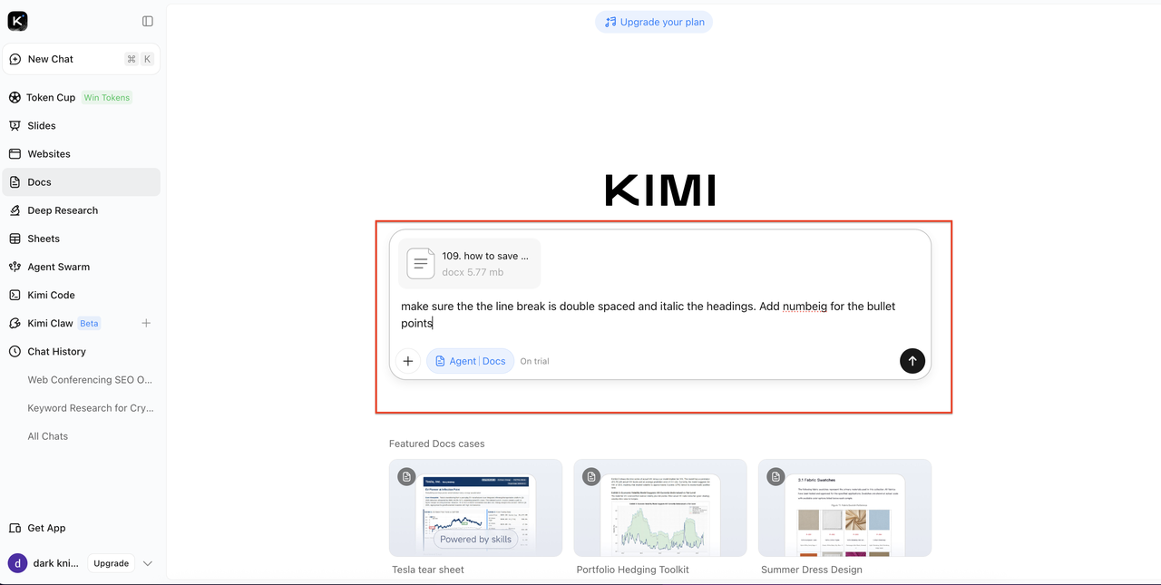 Enter editing instructions in Kimi Docs