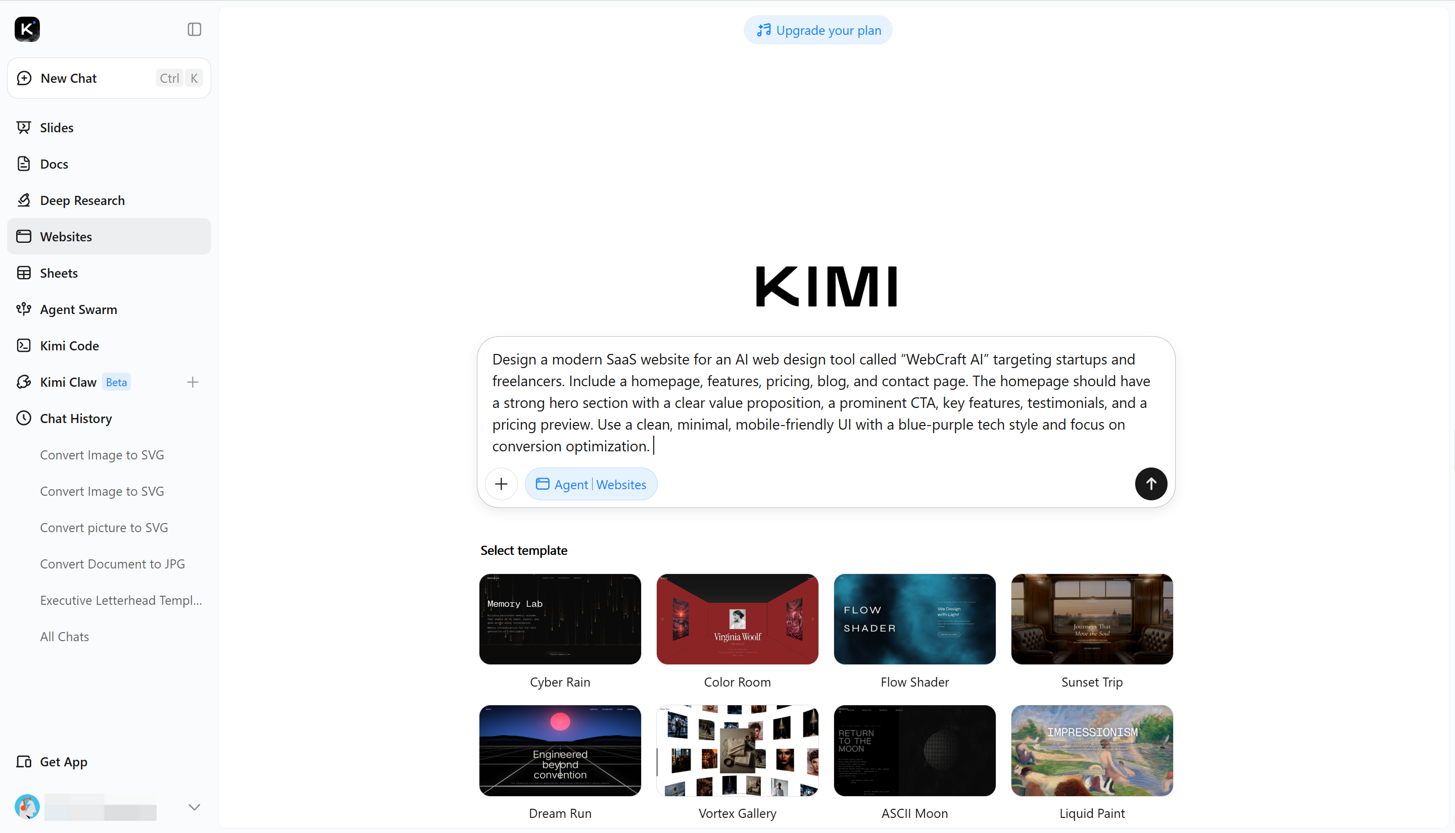 Enter a clear prompt in Kimi