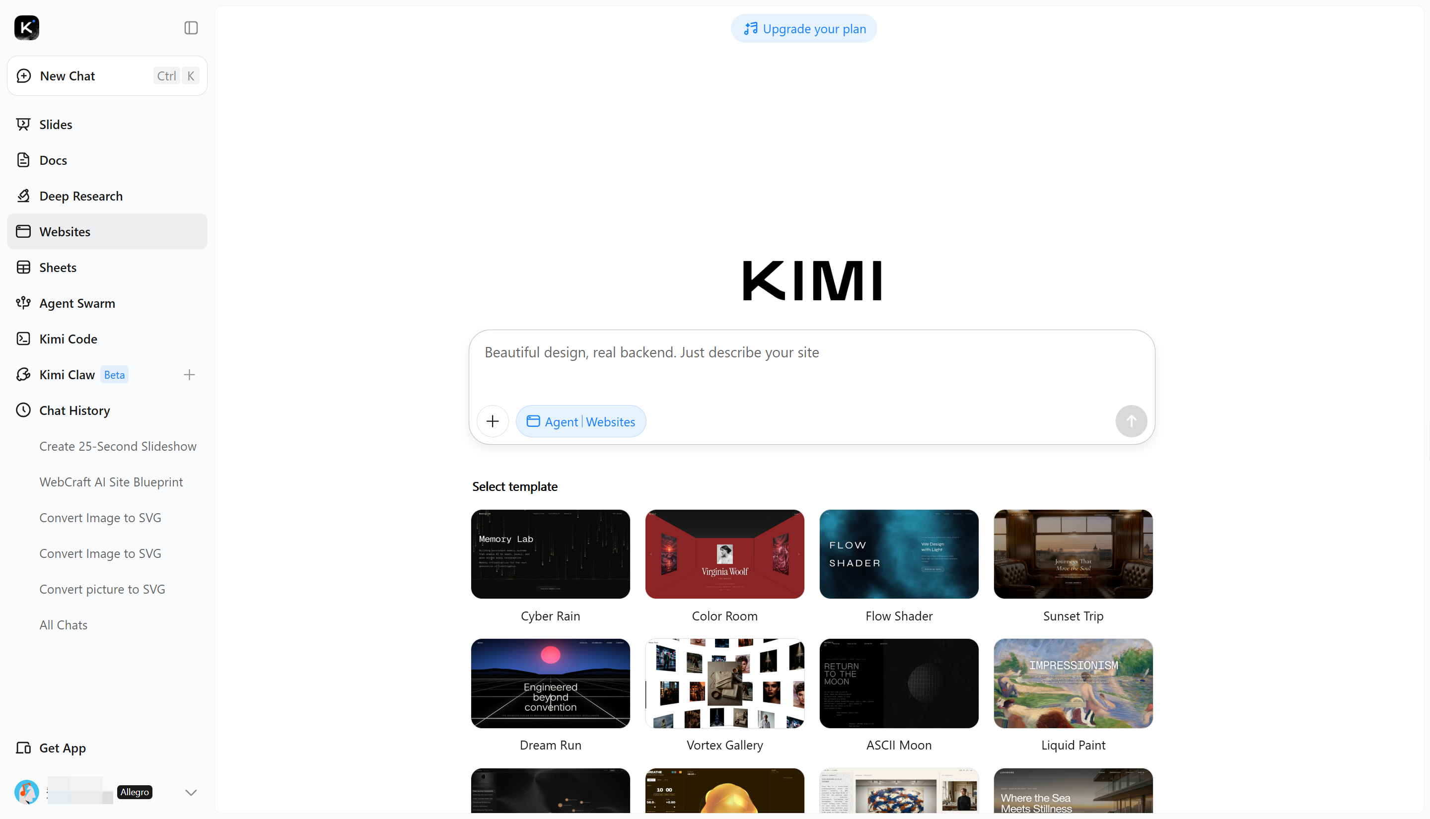 Interface of the Kimi website - best PNG to SVG converter