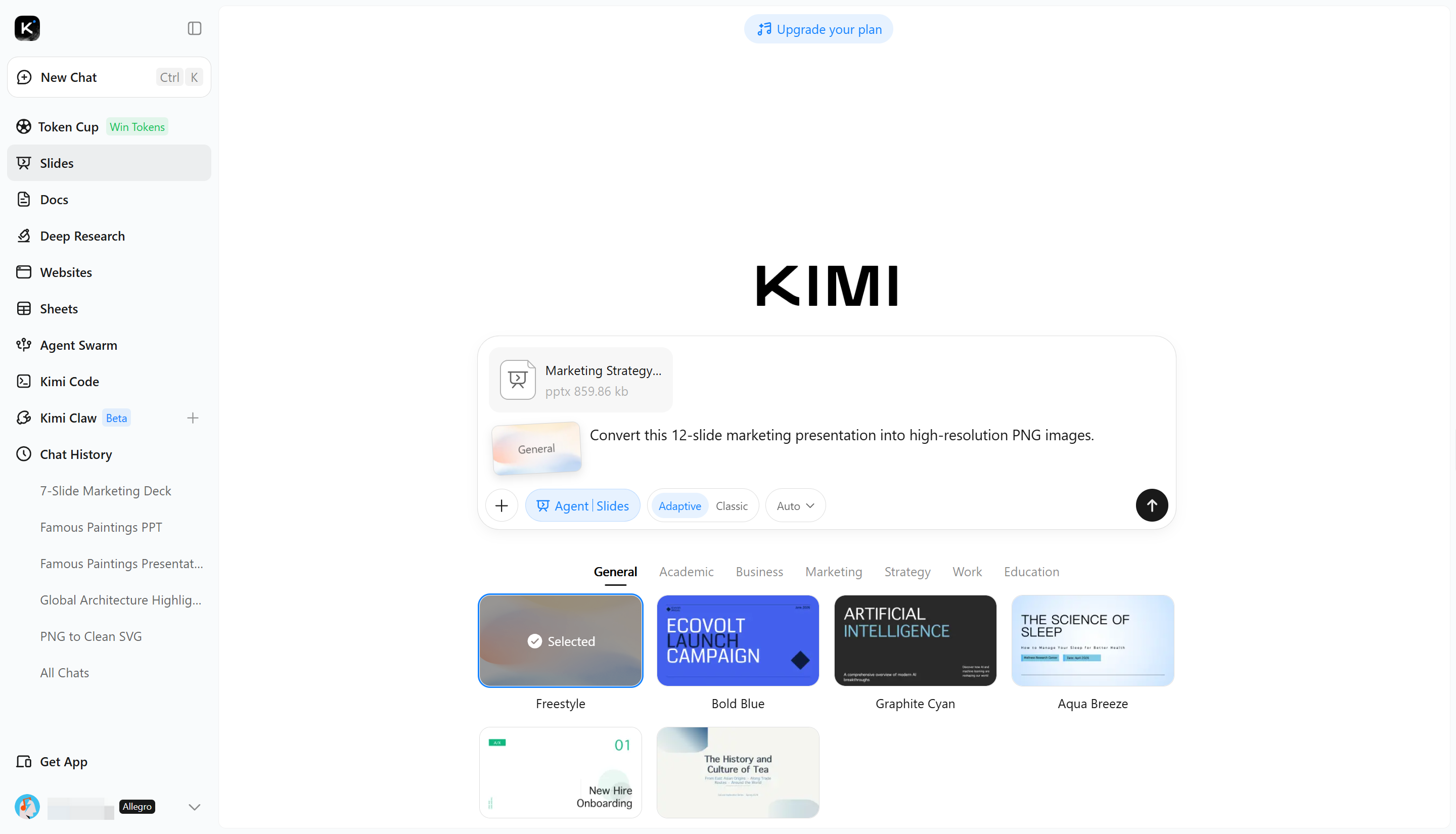 Upload PowerPoint and enter the prompt in Kimi Slides