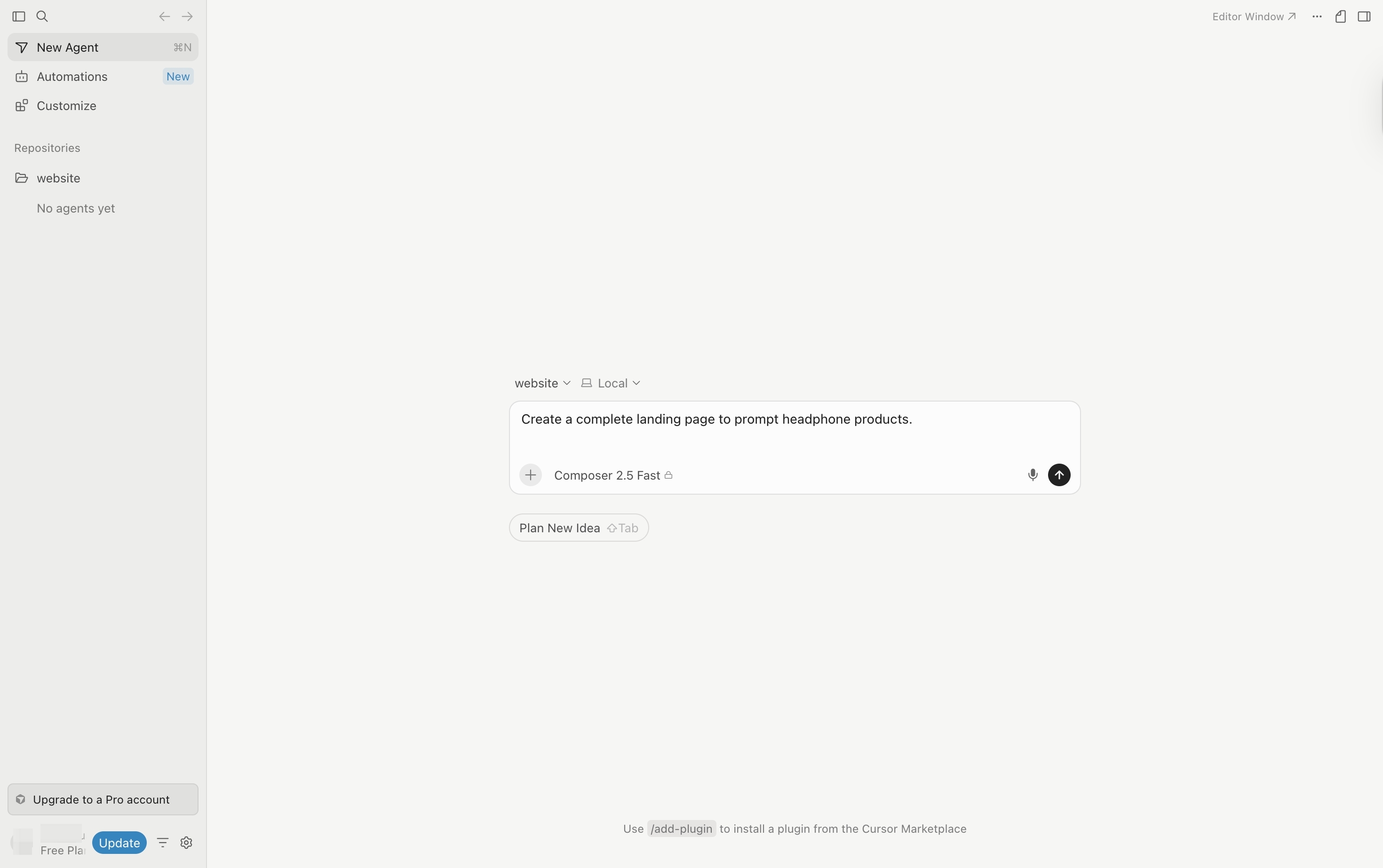 Start a new project and define your website idea in Cursor AI