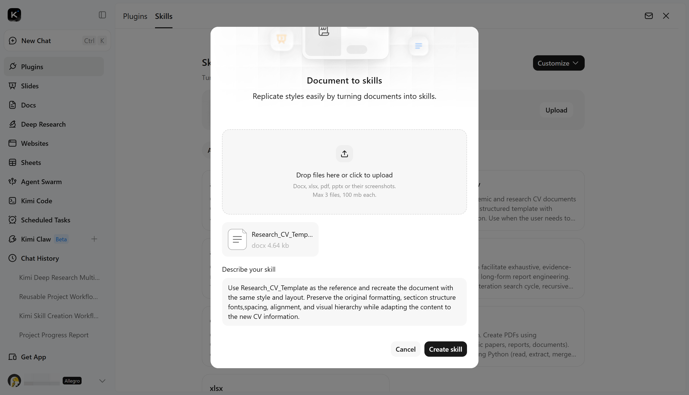 Upload Office files in Kimi