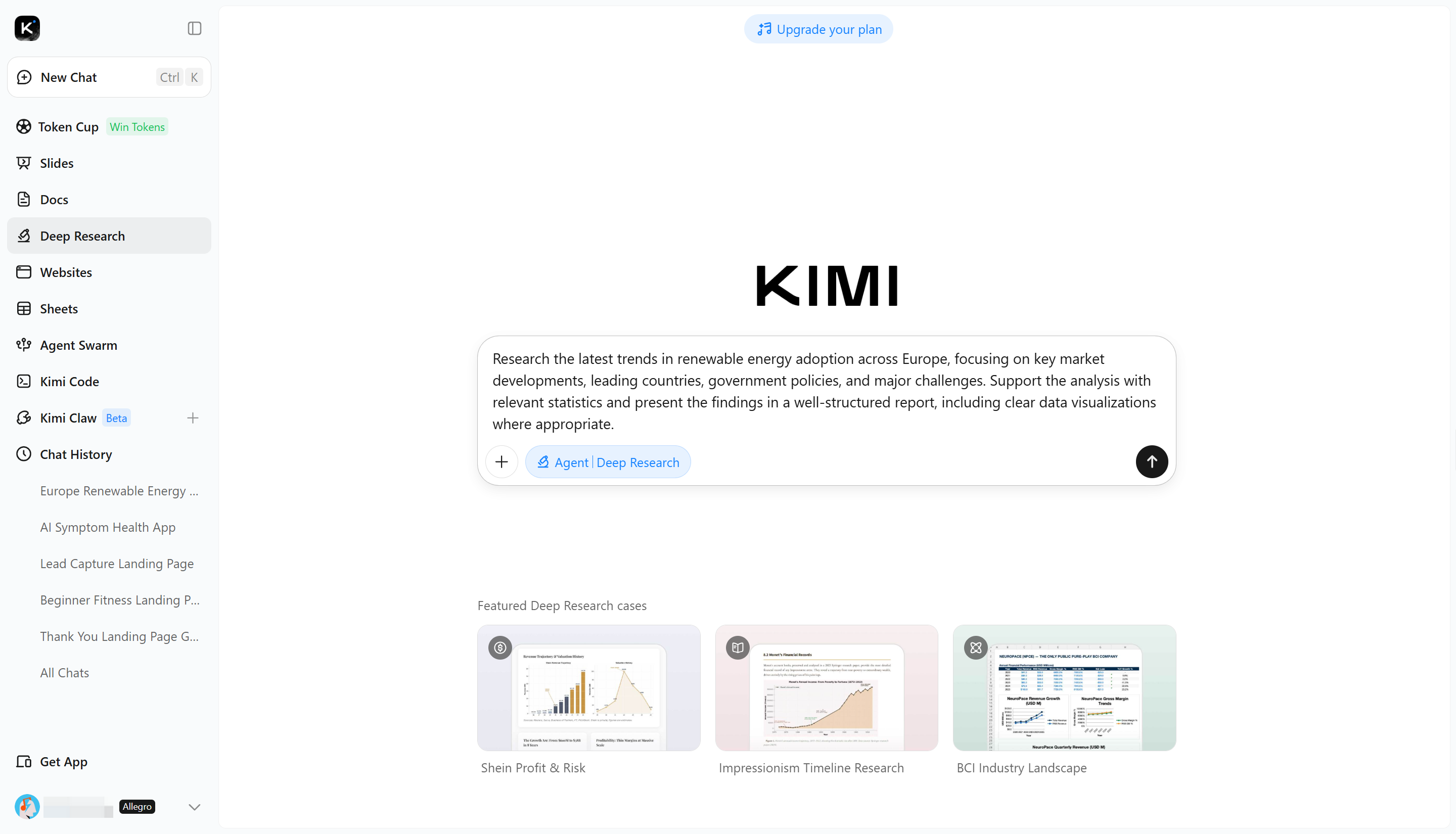 Accessing Kimi's AI deep research tool