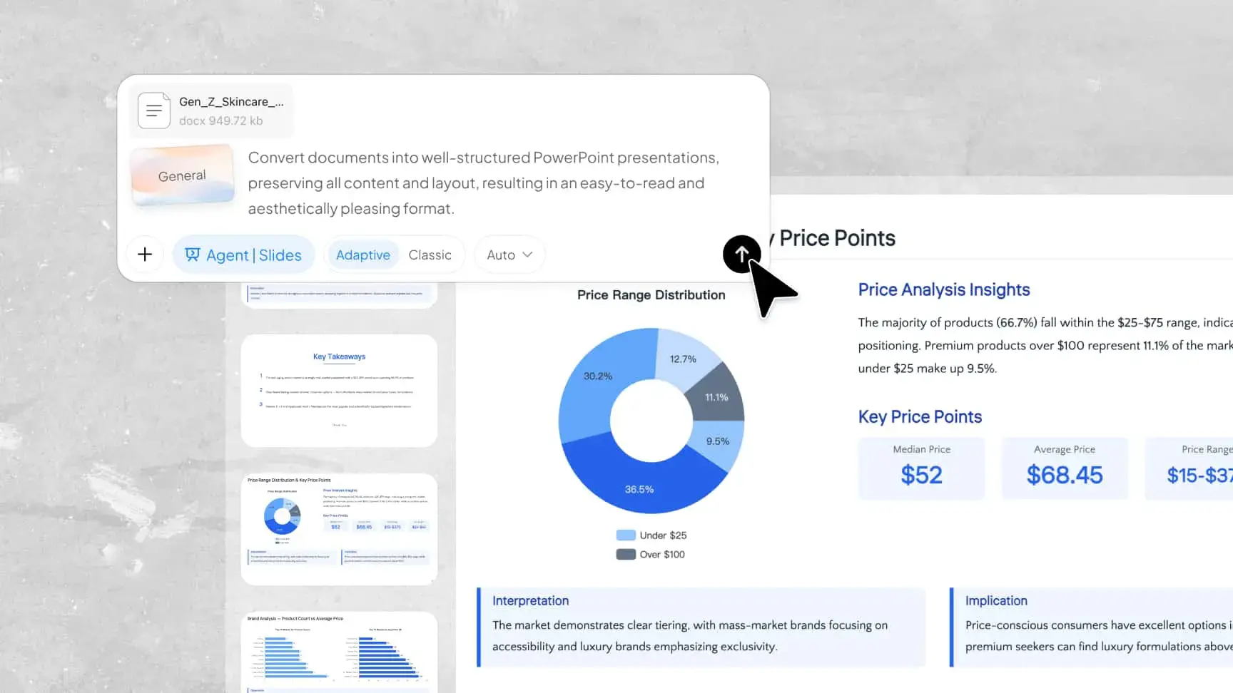 Kimi converts document metrics into charts for PowerPoint slides