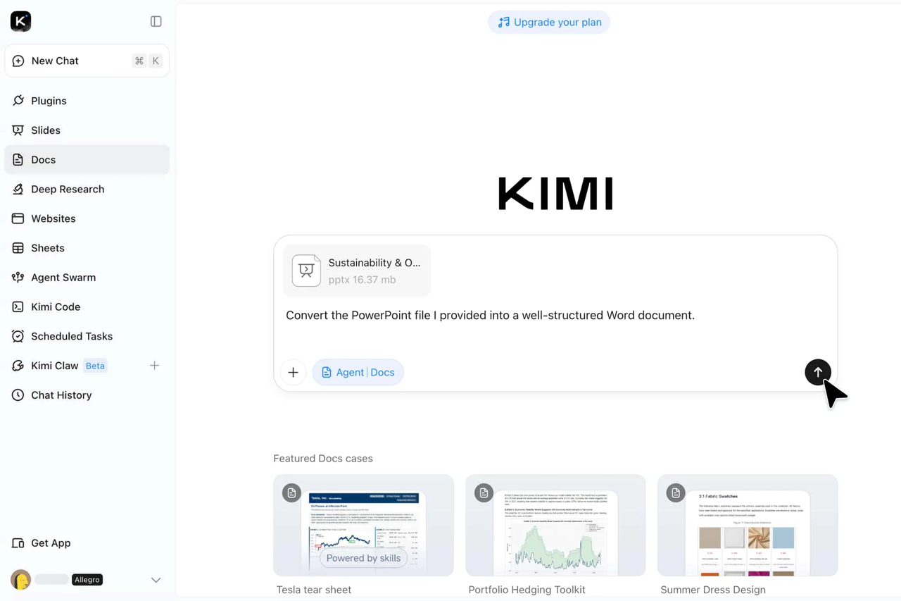 PowerPoint-Datei in Kimi Docs hochladen