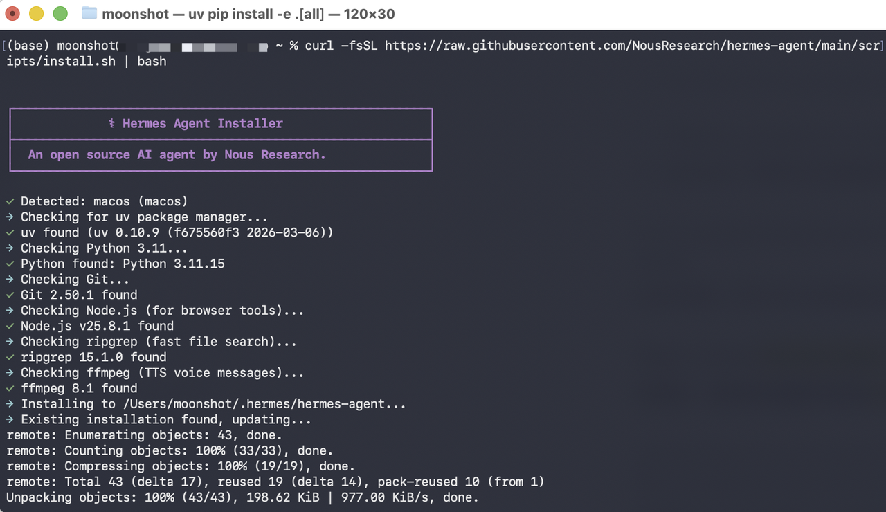 Install Hermes Agent assistant with the official installer command
