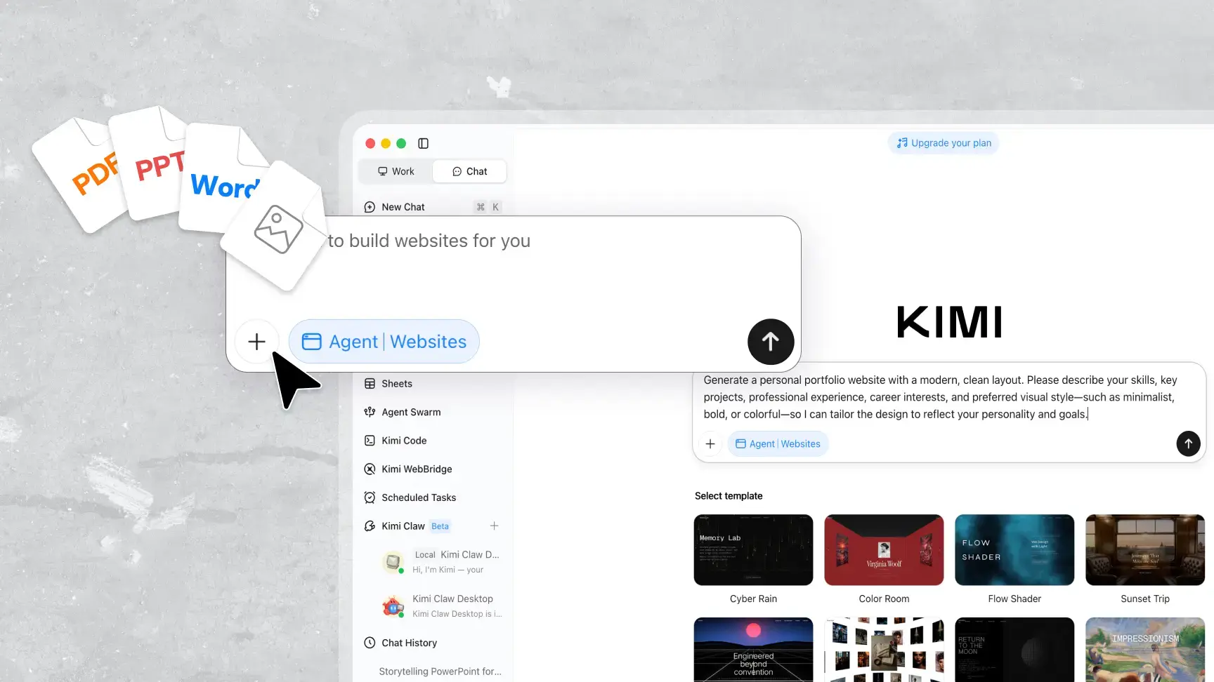 Kimi erstellt eine Portfolio-Website aus Text, Bildern und vorhandenen Arbeiten