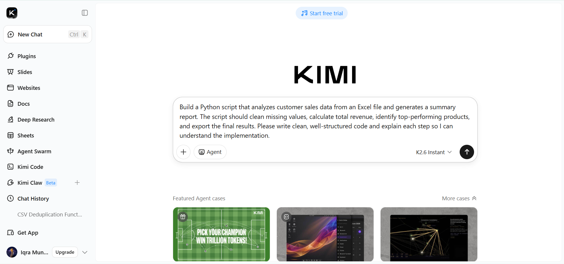 Descrivi la tua attività in Kimi Chat