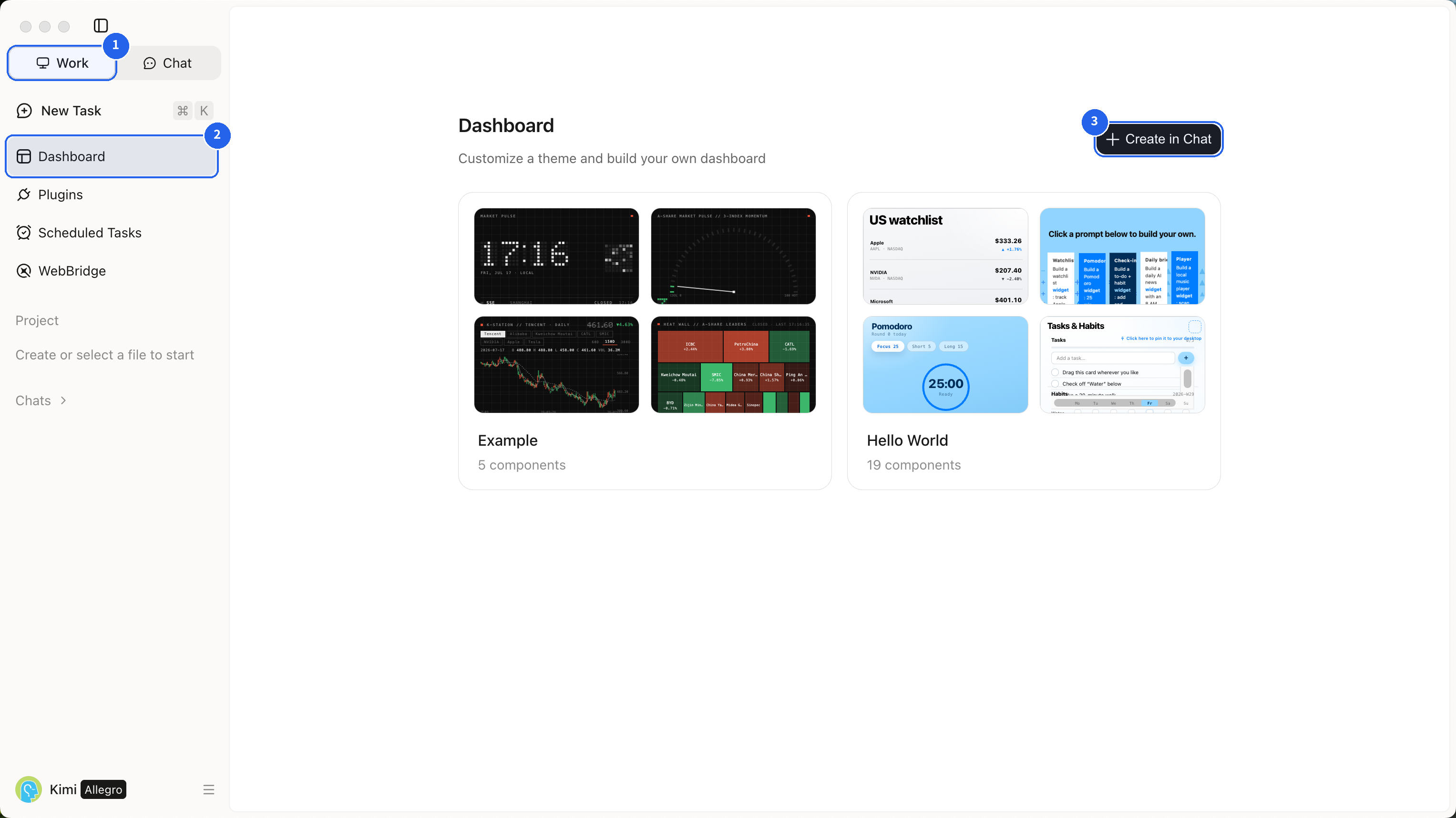 L'entrée du Kimi Work Dashboard avec le bouton Create in Chat
