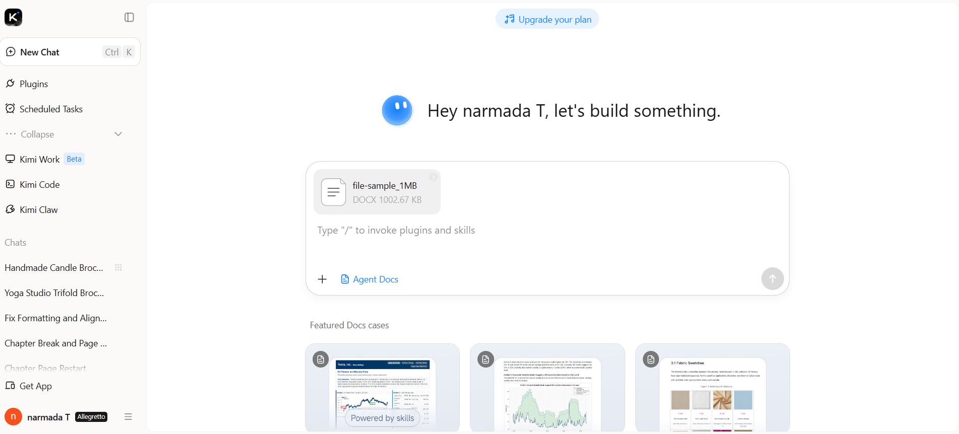 Upload context and describe a feature to Kimi Docs for TDD drafting