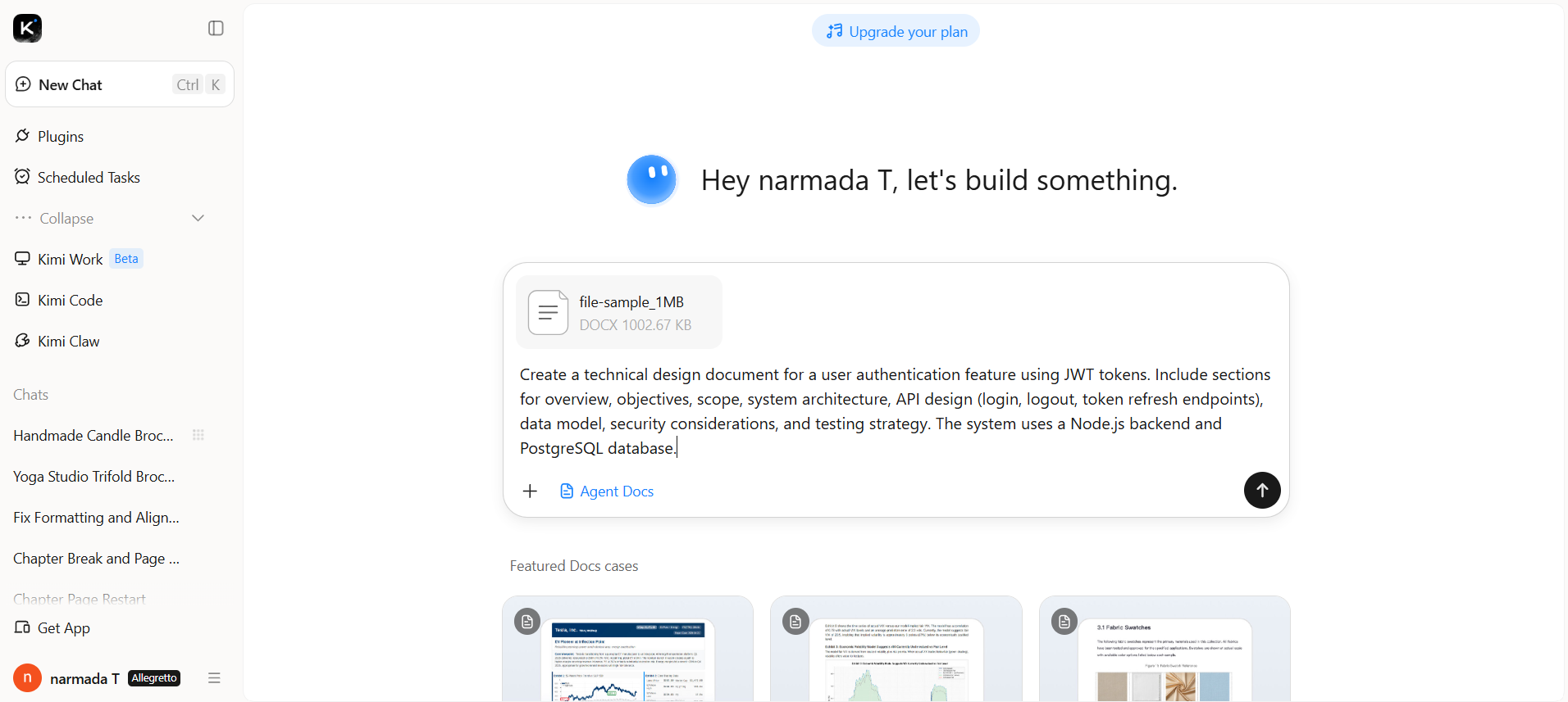 Enter a prompt to generate a technical design document using Kimi Docs