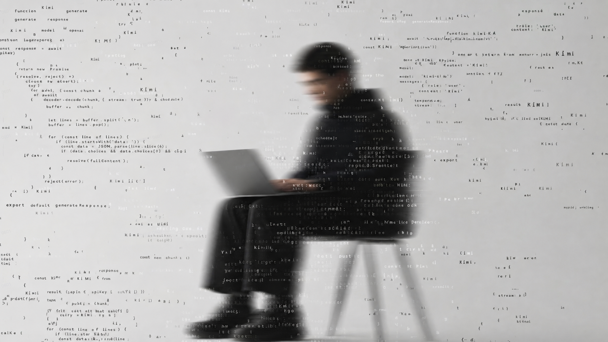 Person coding on a laptop, surrounded by floating Kimi code 在 Kimi 代码文字环绕中使用电脑的人