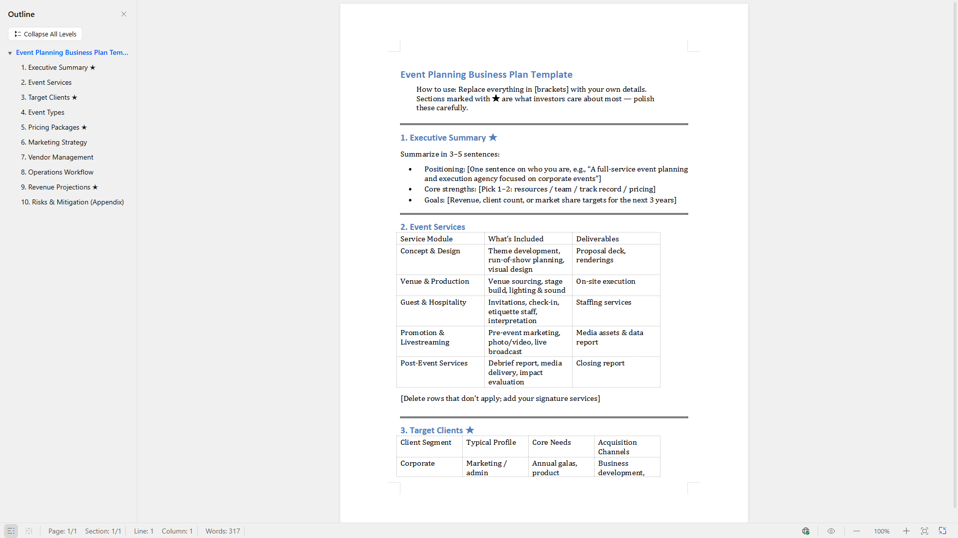 Word 和 PDF 格式的活動策劃商業計畫範本