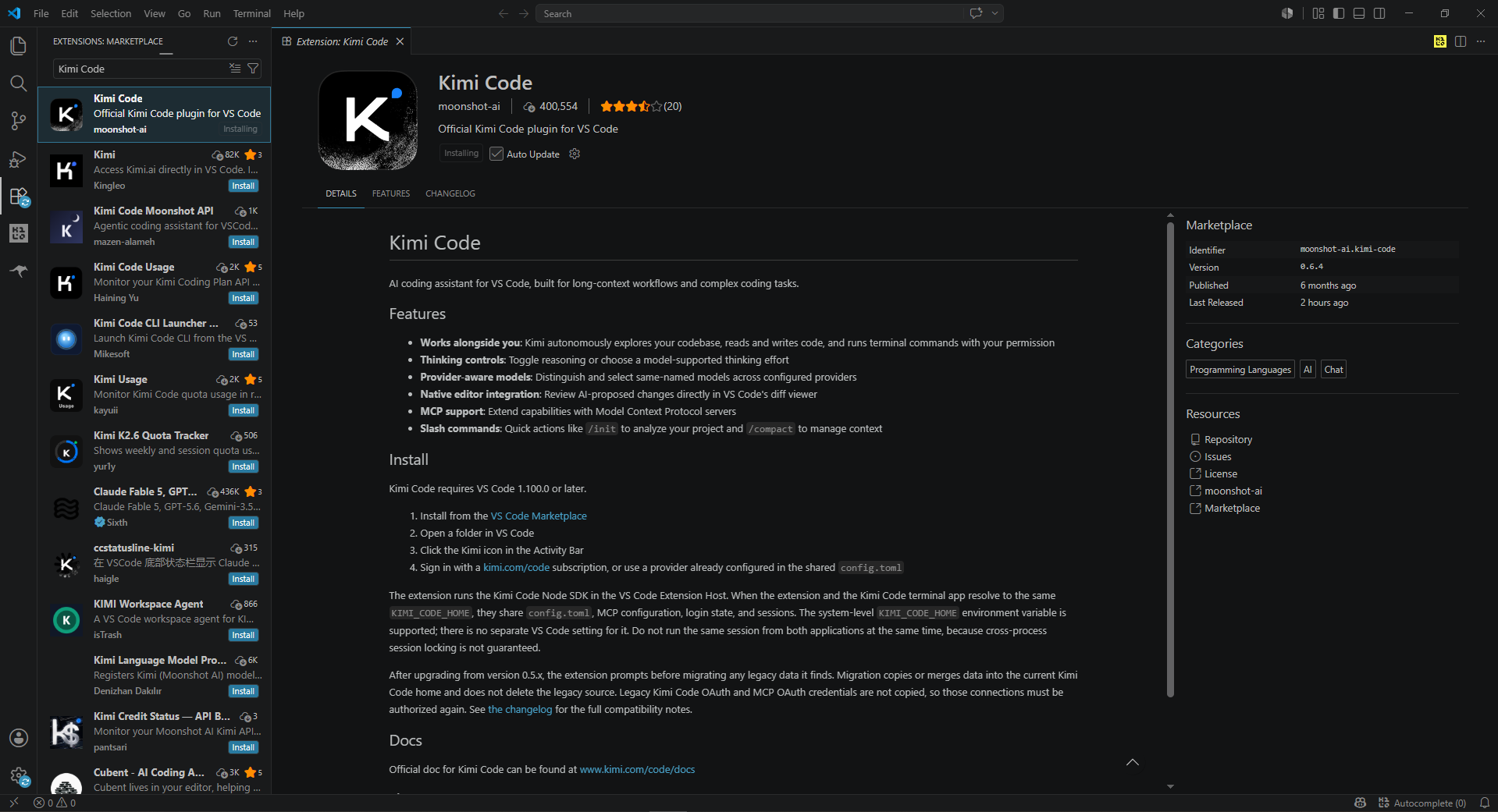 Install the Kimi Code extension in VS Code